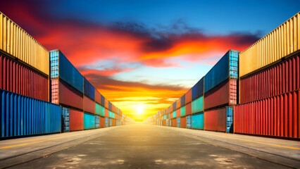Fototapeta premium Industrial Sunset Over Stacked Colorful Cargo Containers