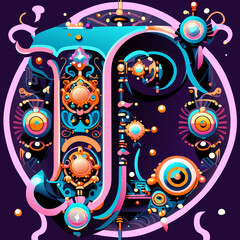 a iridescent mechanical steampunk font, insane details, very complex mechanism, psychedelic tattoo design, vector illustration kawaii