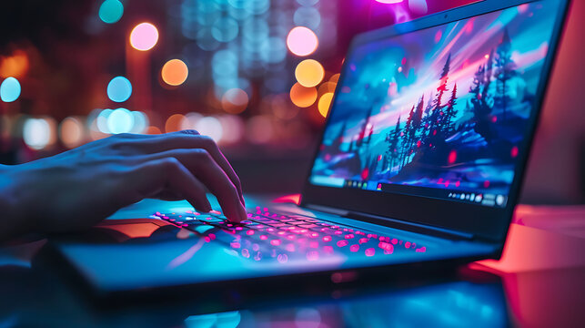 A person using a laptop computer in a dark room. The laptop is emitting a colorful light. The person's hand is on the keyboard.