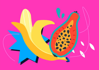 Banana and papaya - modern colored vector illustration with juicy tropical fruits. Eco food and vegetarian diet. Summer in the jungle, gifts of nature, breakfast in paradise and summer vacation idea