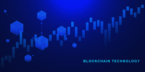 Blockchain technology with candlestick chart graph and digital linked block contain cryptography and transaction data on a futuristic technology background.