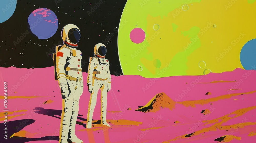 Wall mural Male and female astronauts in a desert, planets and stars in background.