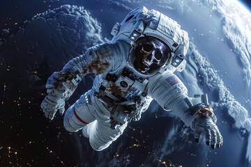 Zombie skeleton astronaut in spacesuit floating in space illustration.  - obrazy, fototapety, plakaty