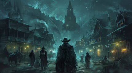 Illustrate the chilling encounter between Western outlaws and vengeful spirits in a ghost town filled with ominous messages and cryptic symbols - obrazy, fototapety, plakaty