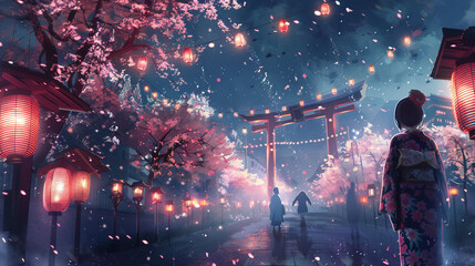 Cherry blossom festival at night, watching firecrackers - obrazy, fototapety, plakaty
