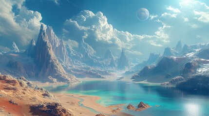 illustration of exploration of an alien land of outer space, featuring towering mountains and calm waters - obrazy, fototapety, plakaty