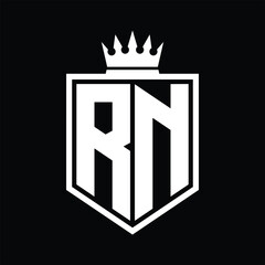 RN Logo monogram bold shield geometric shape with crown outline black and white style design