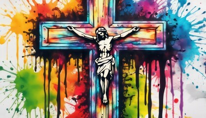 Vibrant graffiti depiction of jesus on the cross with a vivid splash of colors in the background