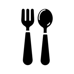 Baby cutlery icon. Black silhouette of a baby fork and spoon on white background. Vector illustration.