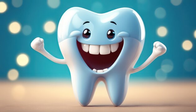 Happy cartoon tooth character with glowing background