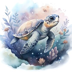 turtle on the sea. Drawing of a turtle underwater. Illustrations for printing on fabric, book covers, wallpaper, tiles