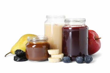 Jars with healthy baby food, blueberries, prunes and fresh fruits isolated on white - obrazy, fototapety, plakaty