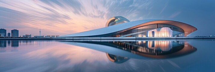 Futuristic Architecture, Building Soaring into the Blue Sky, Reflecting in Water, Evoking a Vision of Tomorrow - obrazy, fototapety, plakaty