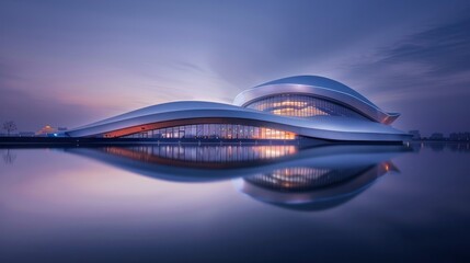 Futuristic Architecture, Building Soaring into the Blue Sky, Reflecting in Water, Evoking a Vision of Tomorrow - obrazy, fototapety, plakaty