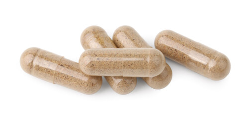 Fototapeta na wymiar Pile of vitamin capsules isolated on white
