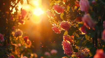 Sunset glow on blooming roses in a serene garden. vibrant flora, perfect for backgrounds and wallpapers. AI