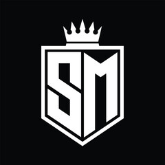 SM Logo monogram bold shield geometric shape with crown outline black and white style design