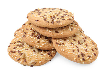 Round cereal crackers with flax, sunflower and sesame seeds isolated on white