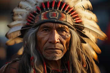 Obraz premium an american indian standing in the warm glow of a red sunset, with ample space for adding text