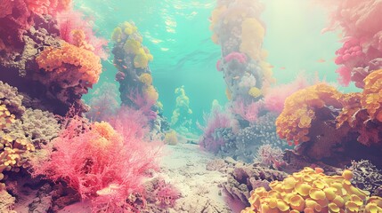 Fototapeta na wymiar Vibrant underwater seascape with colorful corals and sunlight. serene marine life scene ideal for backgrounds. AI