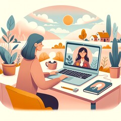 Digital illustration of a woman on a video call with a colleague, depicting remote work with a scenic countryside background.
