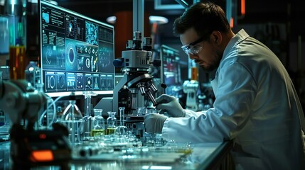 A man in a lab coat is working on a computer monitor with a microscope