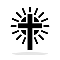 Christian cross icon. Black symbol of Christian cross with sun rays. Religious symbol. Vector illustration.