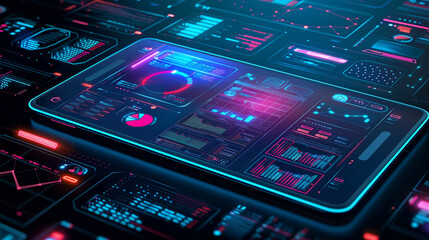 Close-up of a radio's control panel, seamlessly integrated with elements of modern technology and business. - obrazy, fototapety, plakaty