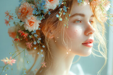 Beautiful stylish creative summer background. Spring fashion portrait of a woman with flowers and butterflies on her head and in her hair.  Female beauty concept