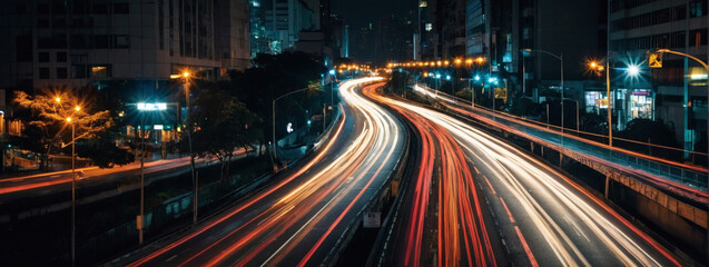 Fototapeta na wymiar Busy city road at night, long exposure shot capturing the hustle and bustle of urban traffic. 