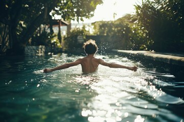 Fototapeta premium Exuberant leap into summer bliss captures the joy of poolside fun. Rear view of a teenage boy jumping into a swimming pool