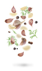 Obraz na płótnie Canvas Fresh garlic, peppercorns and dill falling on white background