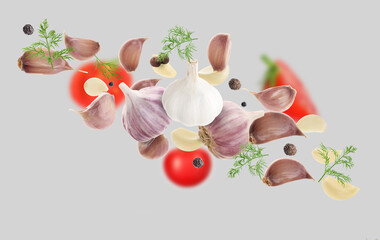 Fresh garlic, peppercorns, dill and tomato falling on grey background, banner design