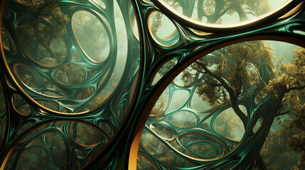 Nature-Inspired Abstract Design with Golden Spirals and Green Forest Texture