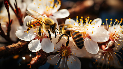 Close-up of bees collecting nectar on blooming flowers. The work of bees in nature. Generative AI