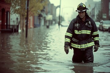 fireman with a helmet is walking through a flooded street. generative ai