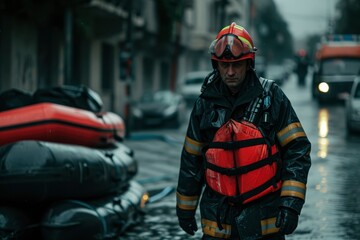 fireman with a helmet is walking through a flooded street. generative ai