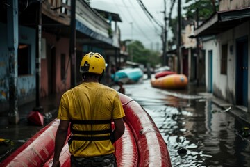 fireman with a helmet is walking through a flooded street. generative ai