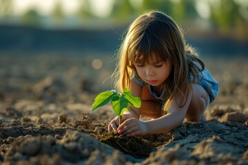 girl planting a green plant in a dry dirt field, in the style of strong emotional impact, childhood arcadias --ar 3:2 --style raw --v 6 Job ID: a74ed5e6-2fd8-4eaf-9472-47eec2ff164c - obrazy, fototapety, plakaty