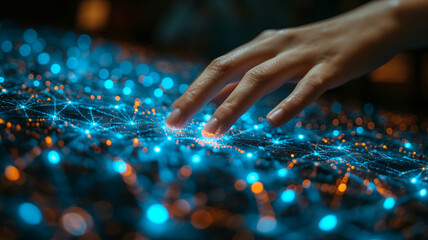 Human hand touching neuronal network of artificial intelligence system, black blur background