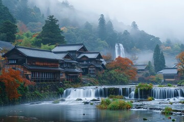 Japanese village with a river and a waterfall. generative ai - obrazy, fototapety, plakaty
