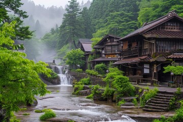 Fototapeta na wymiar Japanese village with a river and a waterfall. generative ai