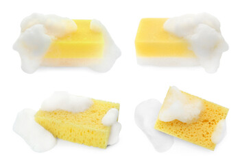 Yellow sponges with foam isolated on white, set