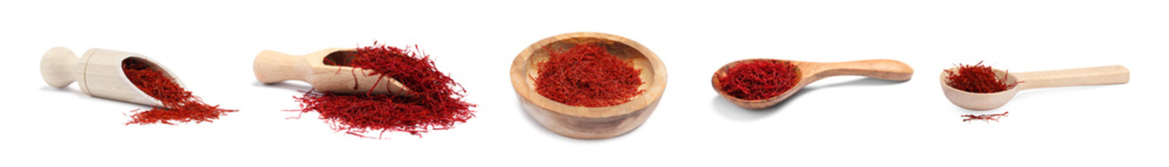 Dried red saffron isolated on white, set