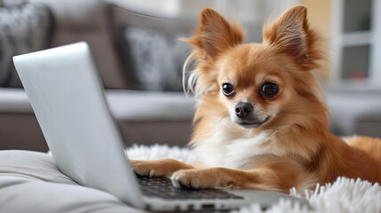 Little chihuahua dog sitting at laptop computer. Smart puppy using computer for online learning, training, shopping, communicate. generative ai