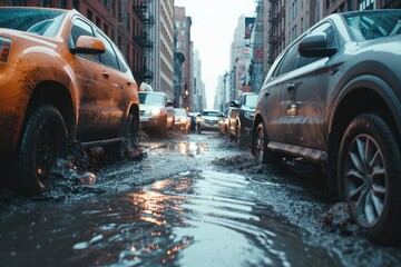 city street full of cars are flooding due to the recent storm. generative ai - obrazy, fototapety, plakaty