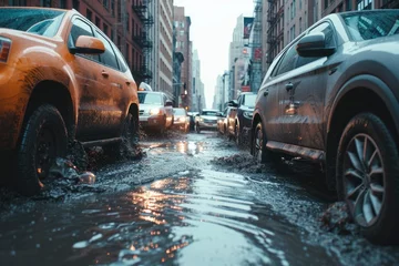 Papier Peint photo Lavable Pleine lune city street full of cars are flooding due to the recent storm. generative ai