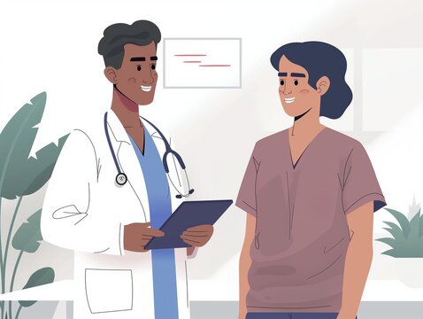 Illustration of a doctor and nurse discussing patient care with a digital tablet