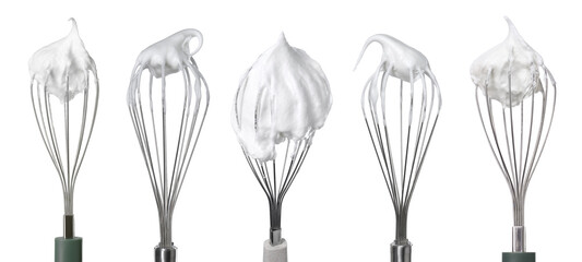 Many different whisks with cream isolated on white, collection