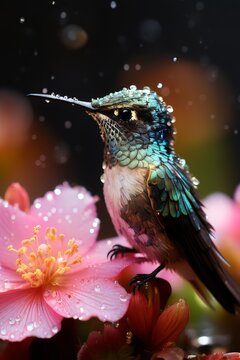 the Generative AI illustration of small hummingbird with colorful plumage flying